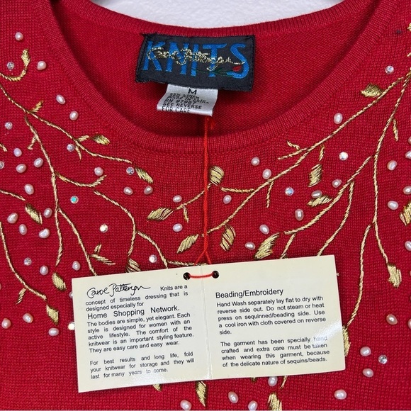 Carol Patterson Knits Red Linen Blend Pearl Beaded Embroidered Knit Top NWT - Picture 5 of 8